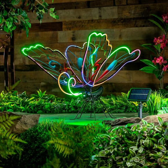 Animated Solar Butterfly Garden Statue with Neon Lights