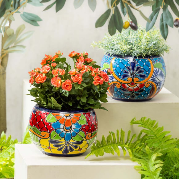 Set of 2 Mexican Talavera Baul Planters