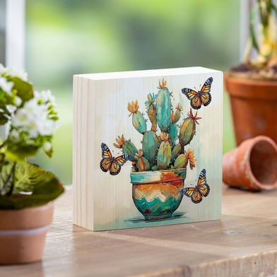Southwest Pueblo Sign Wood Block, Painted Cactus and Butterfly, 6"x6"