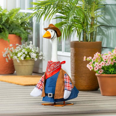 Giddy the Porch Goose Outdoor Statue with Cowboy Outfit, 21"H