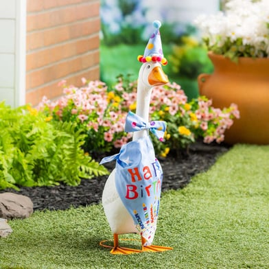 Giddy the Porch Goose Outdoor Statue with Blue Birthday Outfit, 21"H