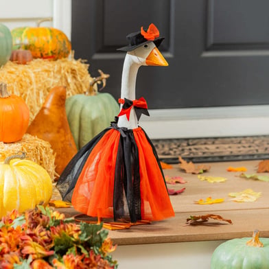 Giddy The Goose, Metal Porch Statue With Halloween Outfit, 21"H