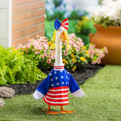Giddy the Porch Goose Outdoor Statue with Patriotic Dress Outfit, 21"H