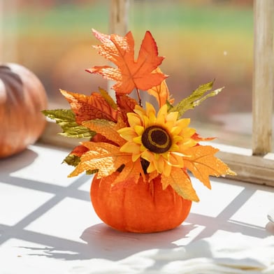 Harvest Blossom Faux Floral Table Décor, Autumn Sunflower in Pumpkin Vessel, 8"H