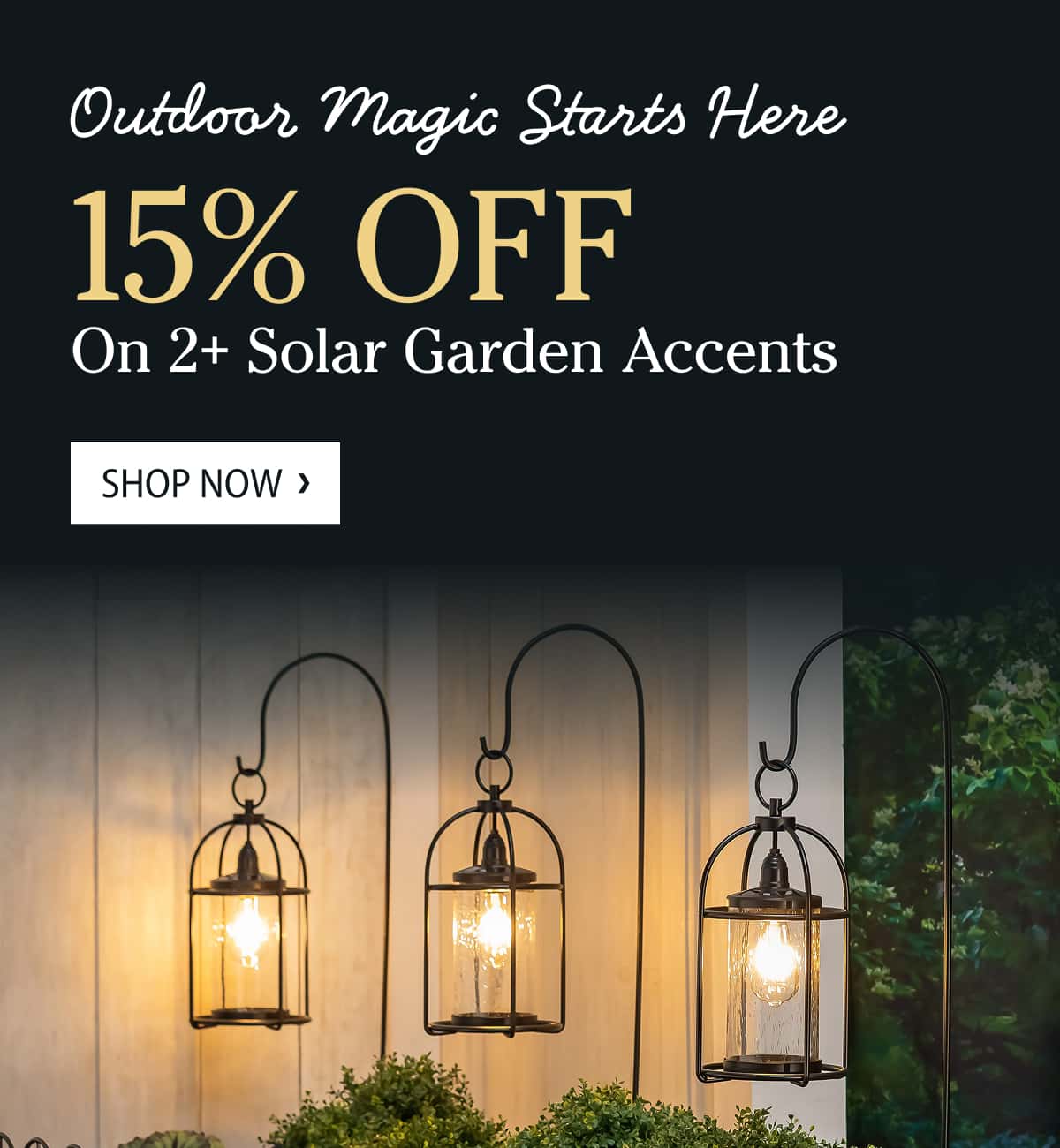 Outdoor Magic Starts Here 15% Off On 2+ Solar Garden accents Shop Now >